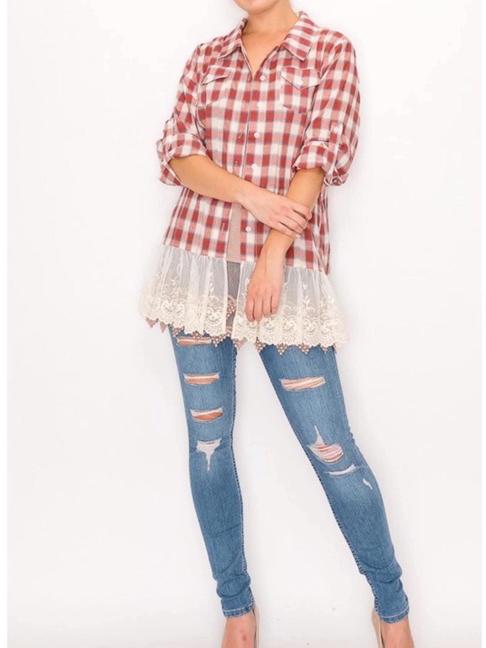 Red Plaid Button-Down Shirt with Cream Lace Hem